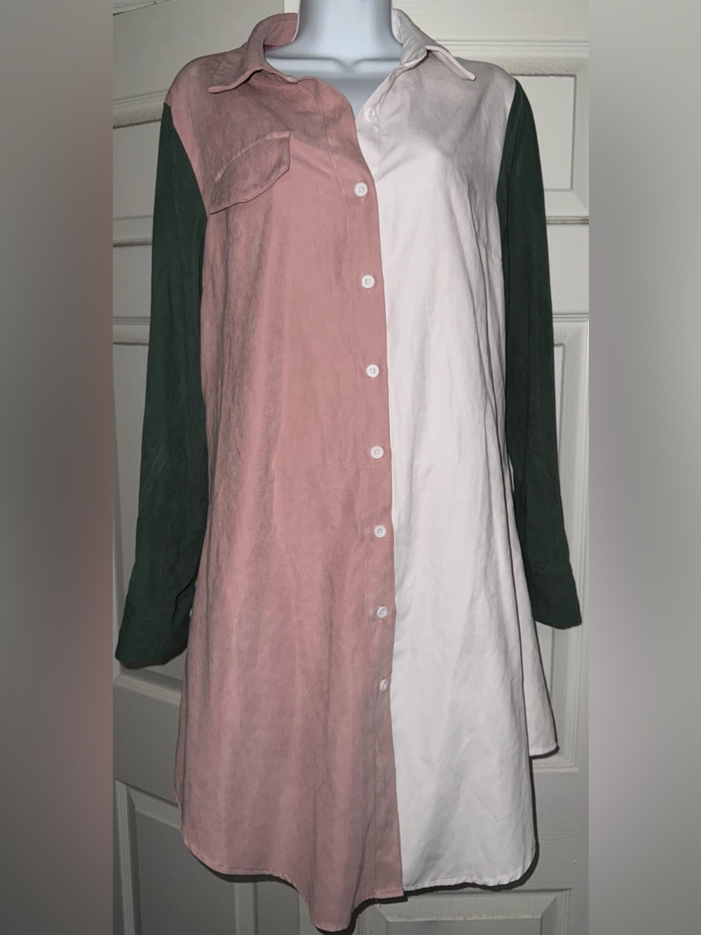 Colorblock Shirt Dress in Rose, Cream & Forest Green by SHEIN